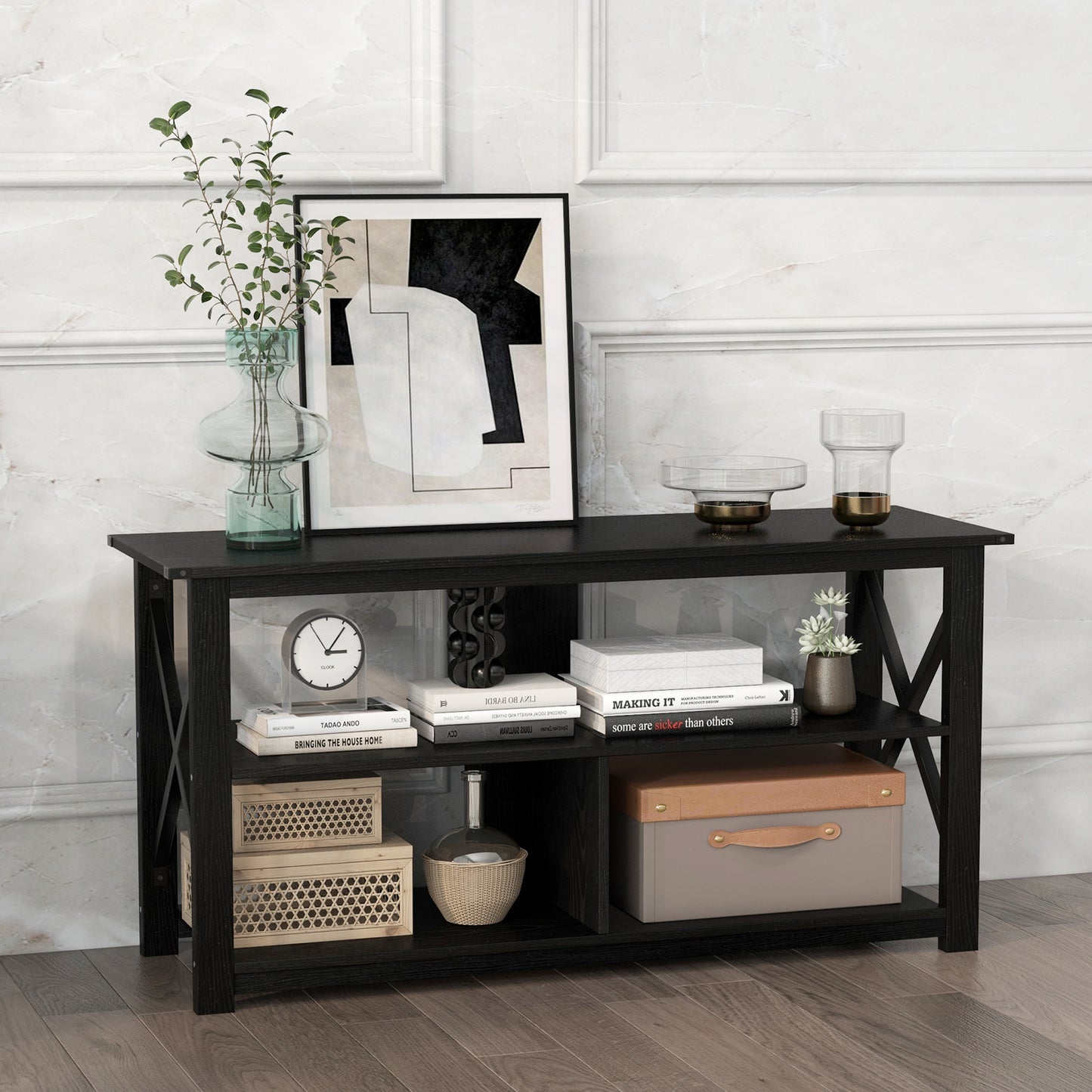 3 Tier Wooden TV Stand with Open Storage and Metal Frame for TVs up to 55 Inches - Black
