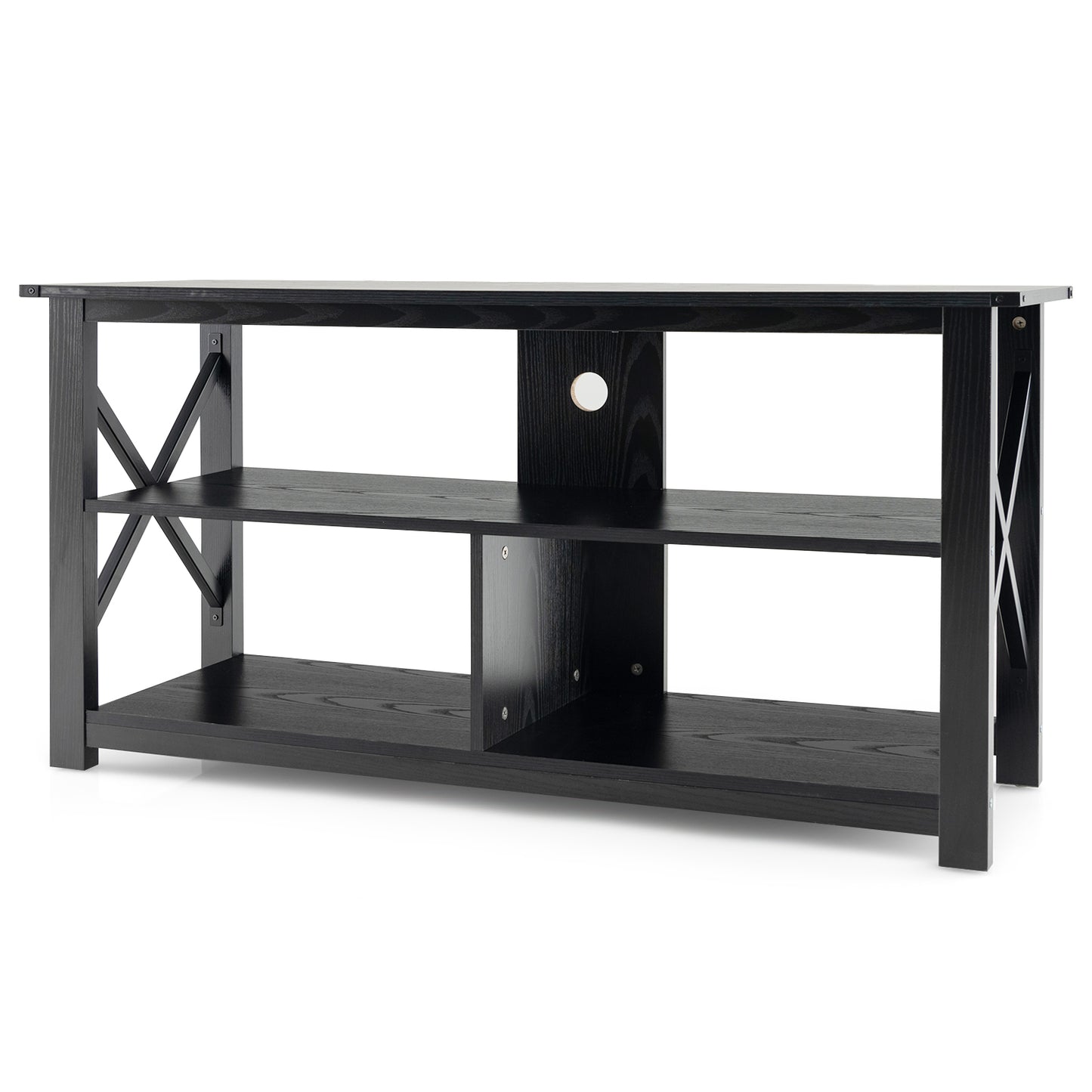 3 Tier Wooden TV Stand with Open Storage and Metal Frame for TVs up to 55 Inches - Black