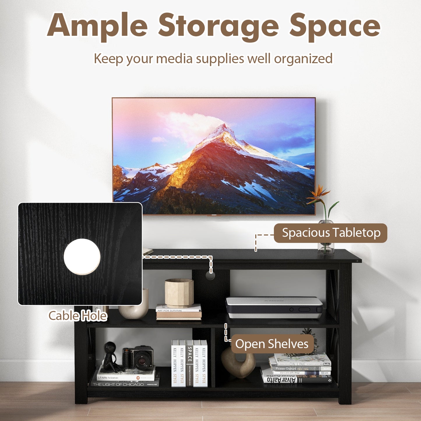 3 Tier Wooden TV Stand with Open Storage and Metal Frame for TVs up to 55 Inches - Black
