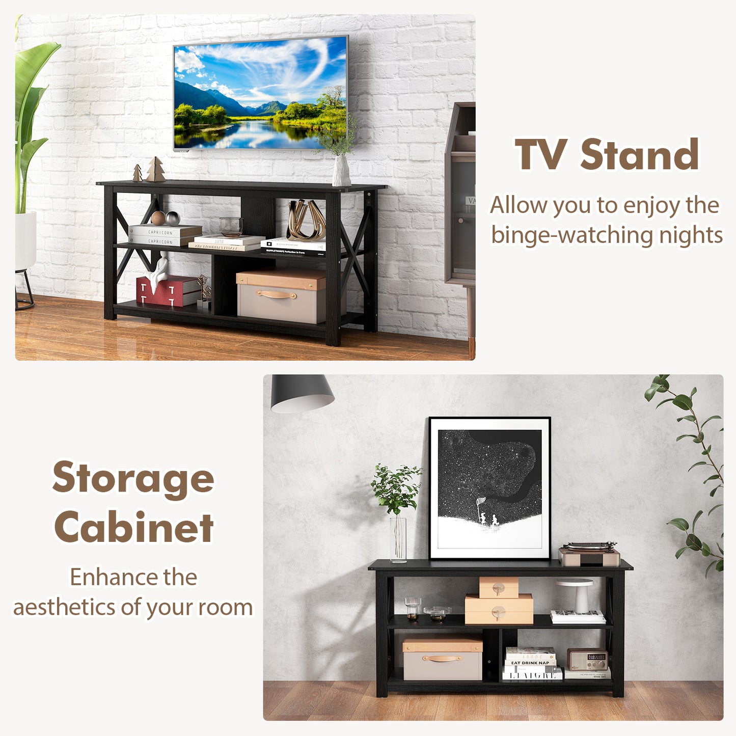 3 Tier Wooden TV Stand with Open Storage and Metal Frame for TVs up to 55 Inches - Black