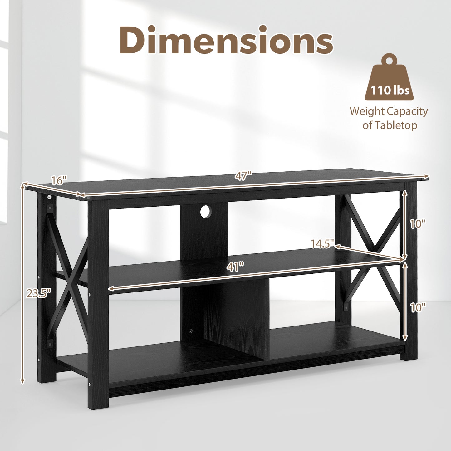 3 Tier Wooden TV Stand with Open Storage and Metal Frame for TVs up to 55 Inches - Black