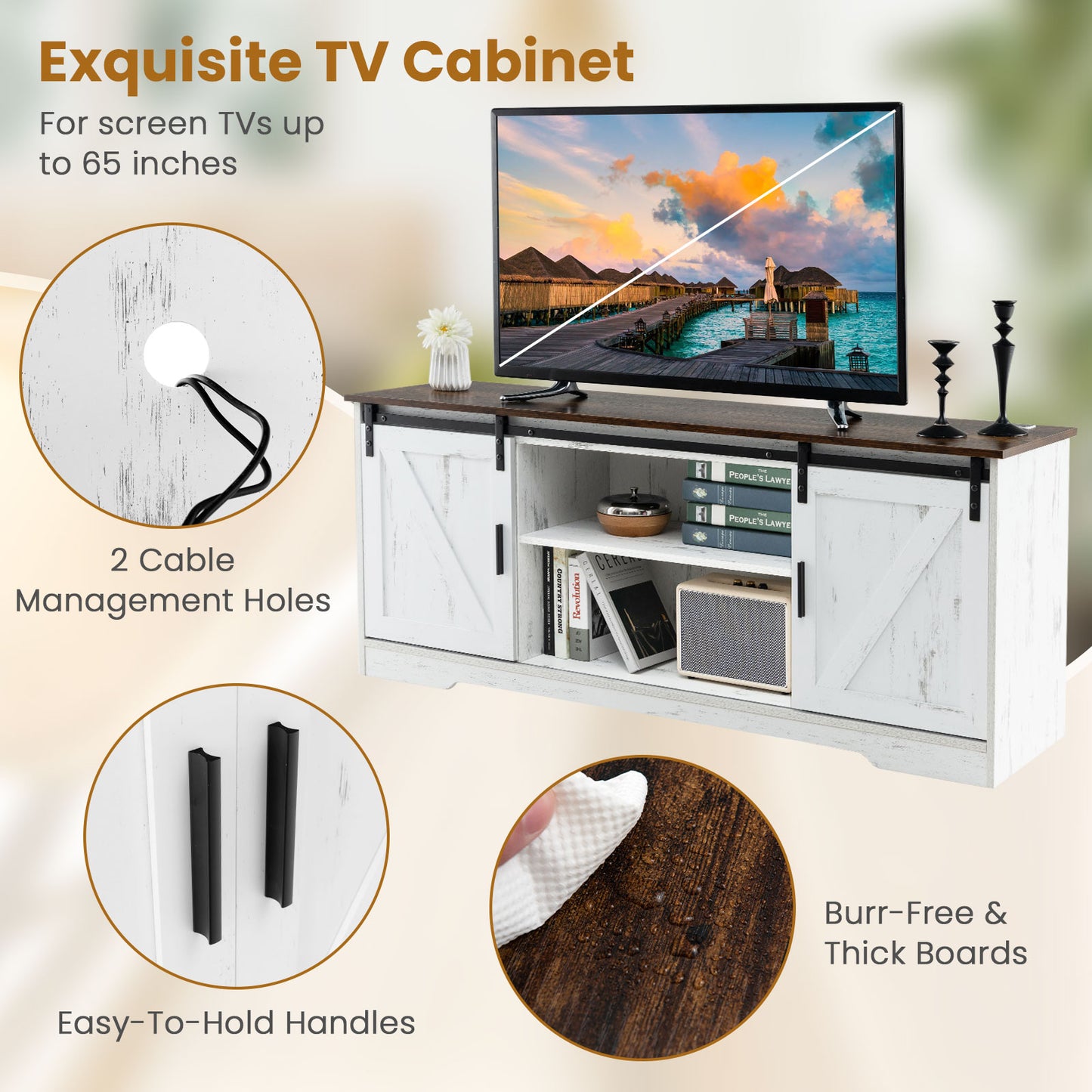 TV Console Table with LED Lights and Sliding Barn Doors for TVs up to 65 Inches – White