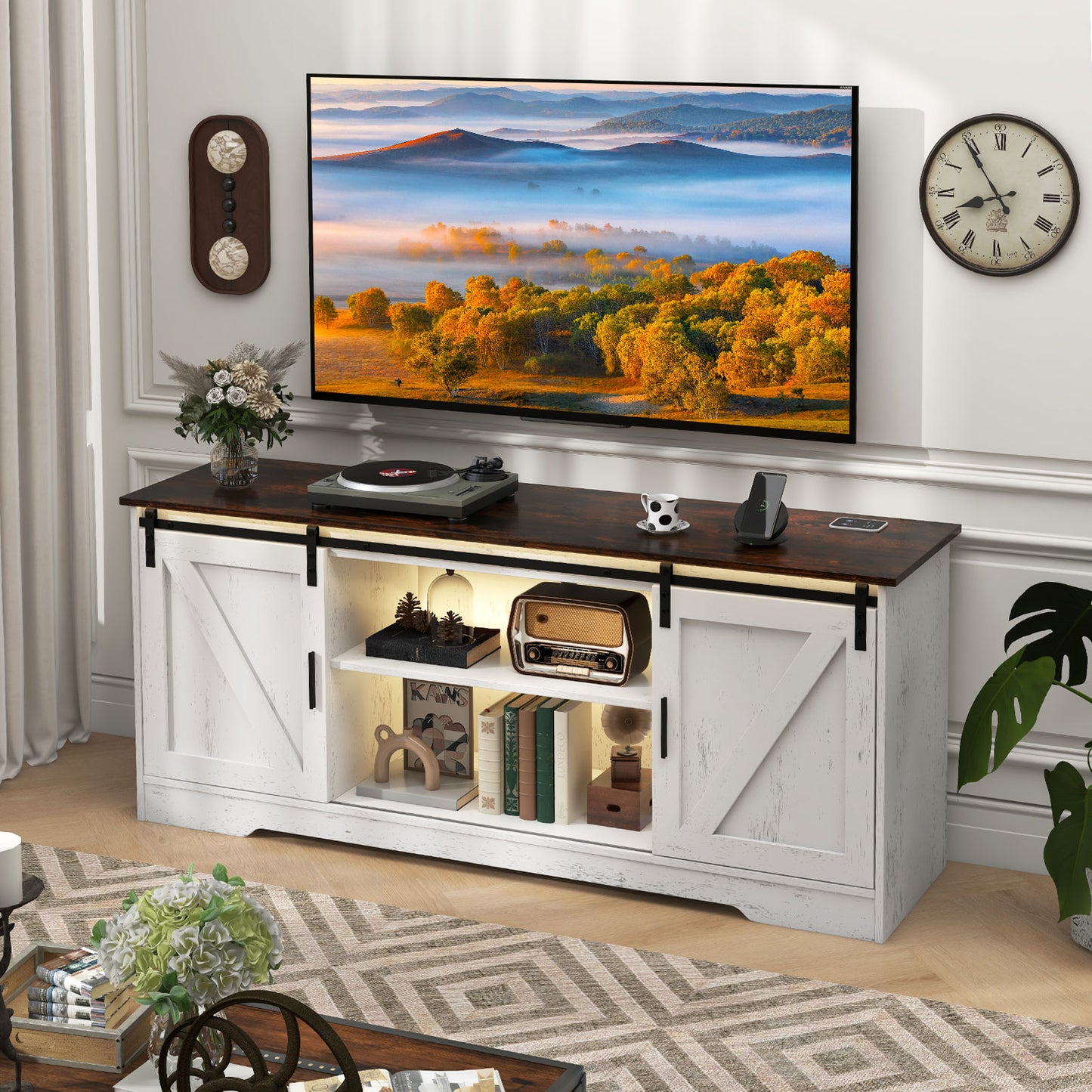 TV Console Table with LED Lights and Sliding Barn Doors for TVs up to 65 Inches – White
