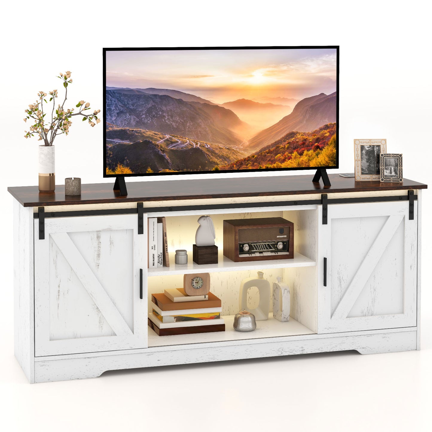 TV Console Table with LED Lights and Sliding Barn Doors for TVs up to 65 Inches – White