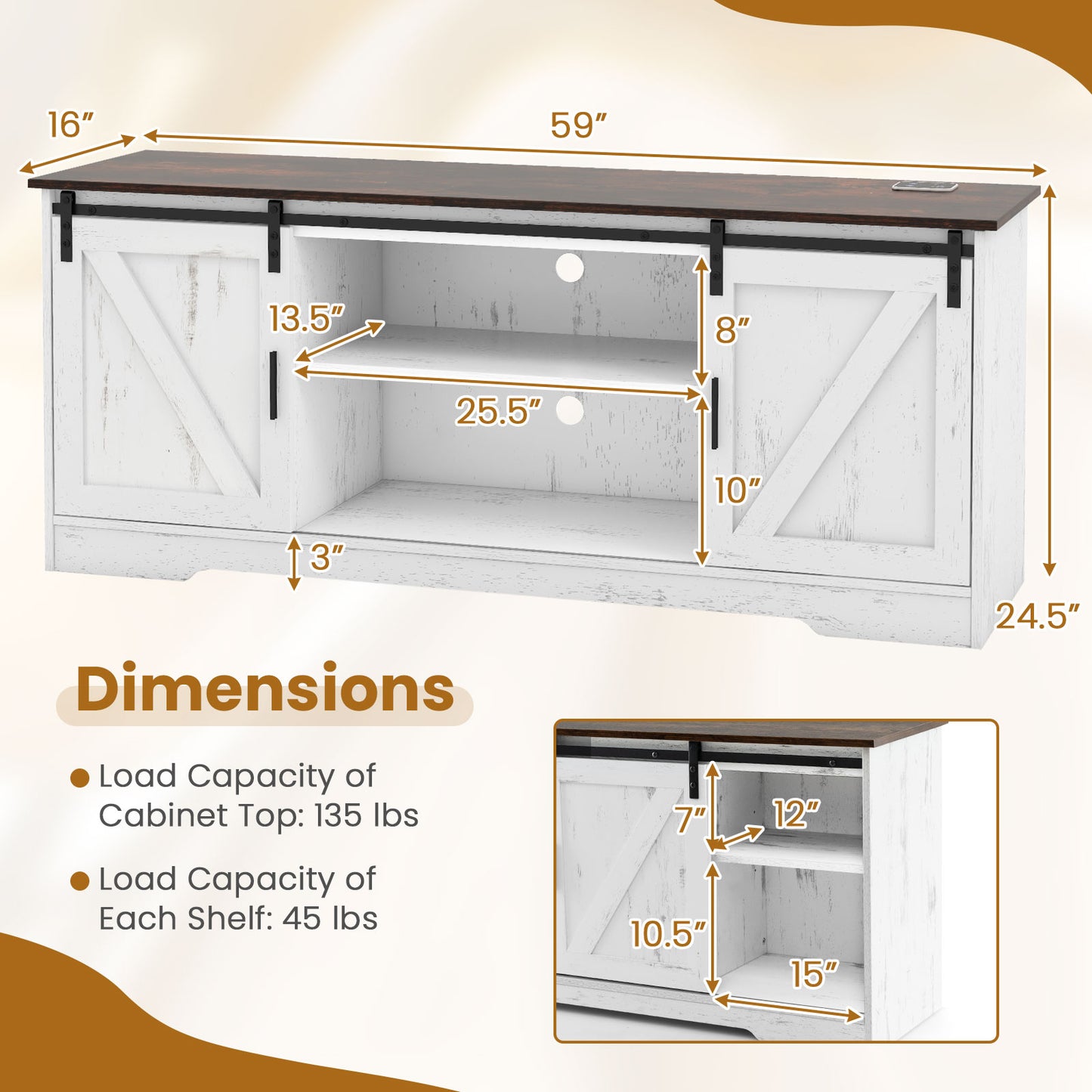 TV Console Table with LED Lights and Sliding Barn Doors for TVs up to 65 Inches – White