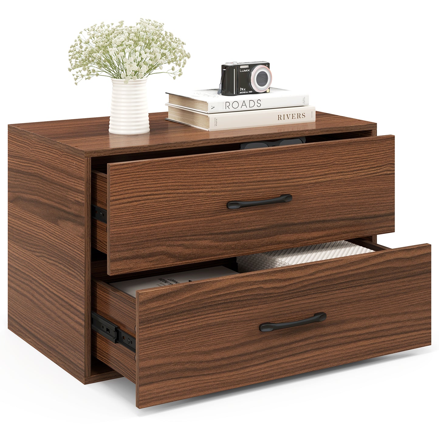Modern 2-Drawer Stackable Storage Chest with Handles, Wooden Horizontal Dresser Cabinet – Dark Brown