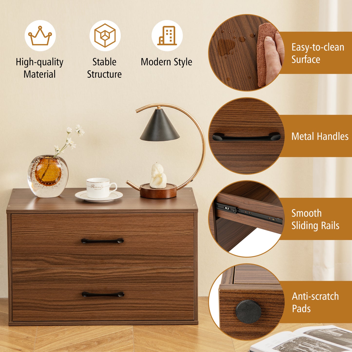 Modern 2-Drawer Stackable Storage Chest with Handles, Wooden Horizontal Dresser Cabinet – Dark Brown
