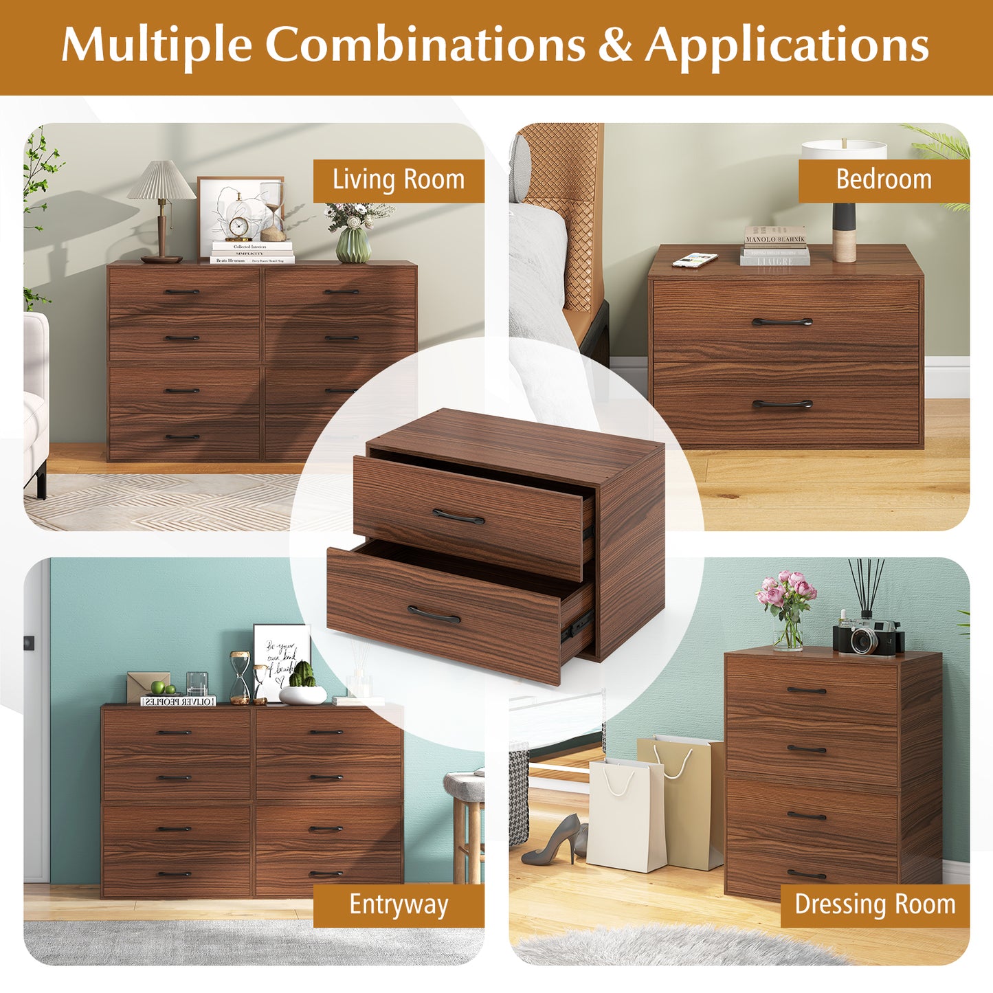 Modern 2-Drawer Stackable Storage Chest with Handles, Wooden Horizontal Dresser Cabinet – Dark Brown