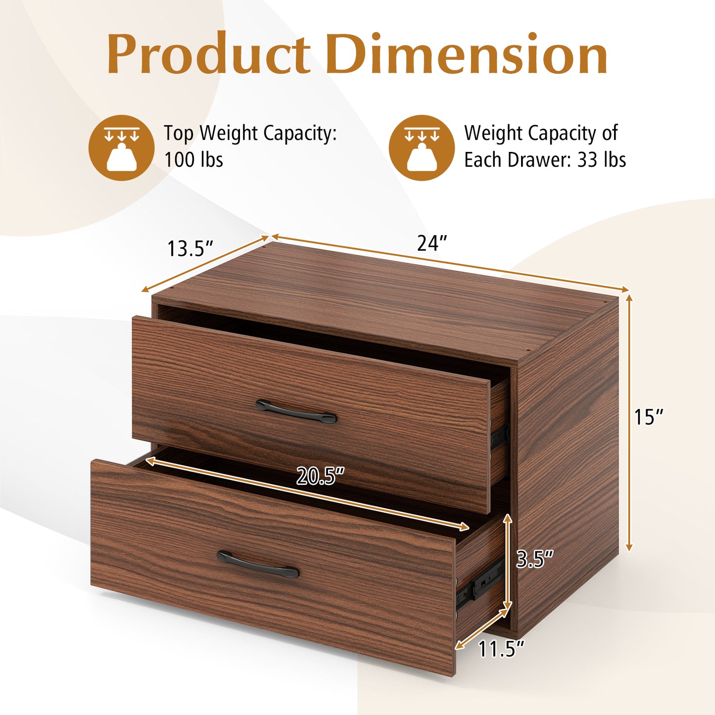 Modern 2-Drawer Stackable Storage Chest with Handles, Wooden Horizontal Dresser Cabinet – Dark Brown