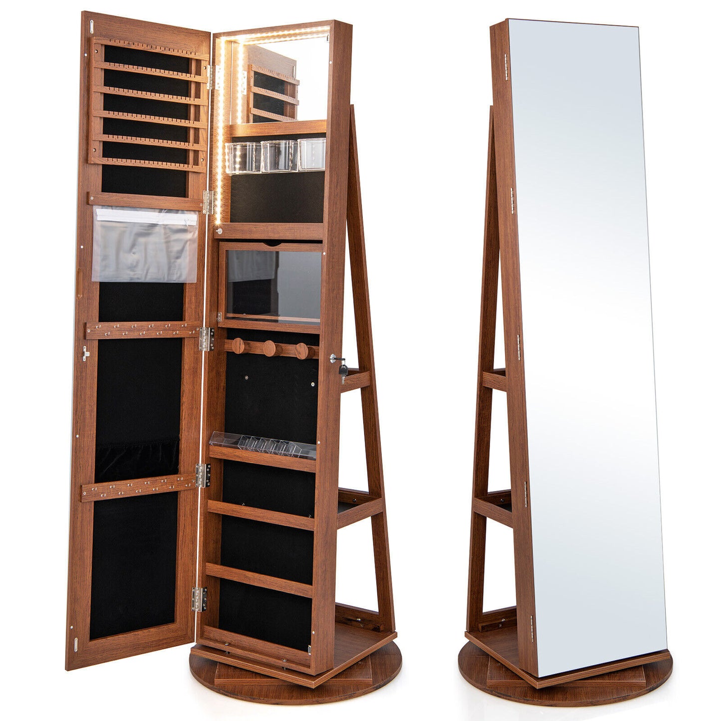 360° Rotating Jewelry Armoire with LED Mirror and Lockable Storage – Dark Brown