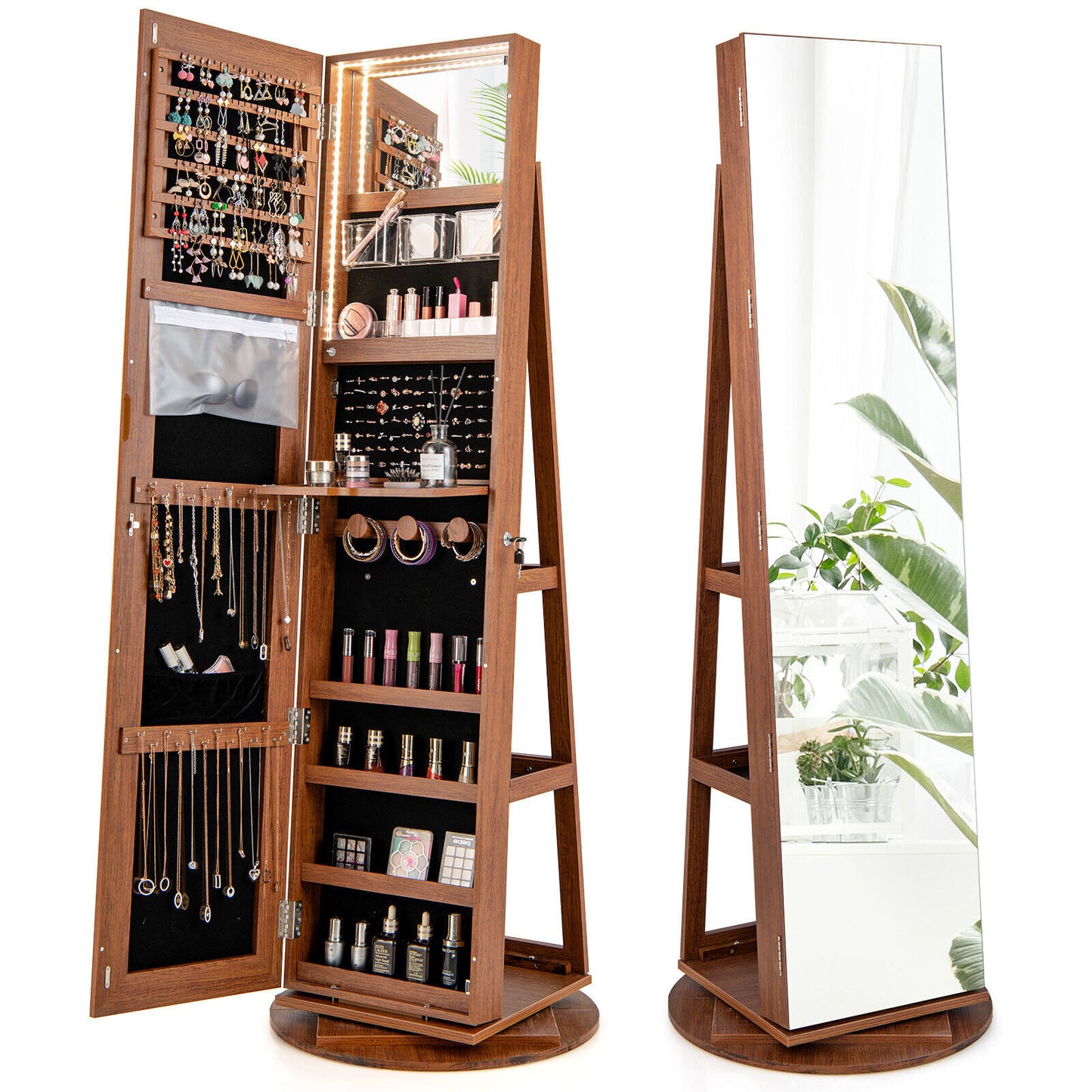 360° Rotating Jewelry Armoire with LED Mirror and Lockable Storage – Dark Brown