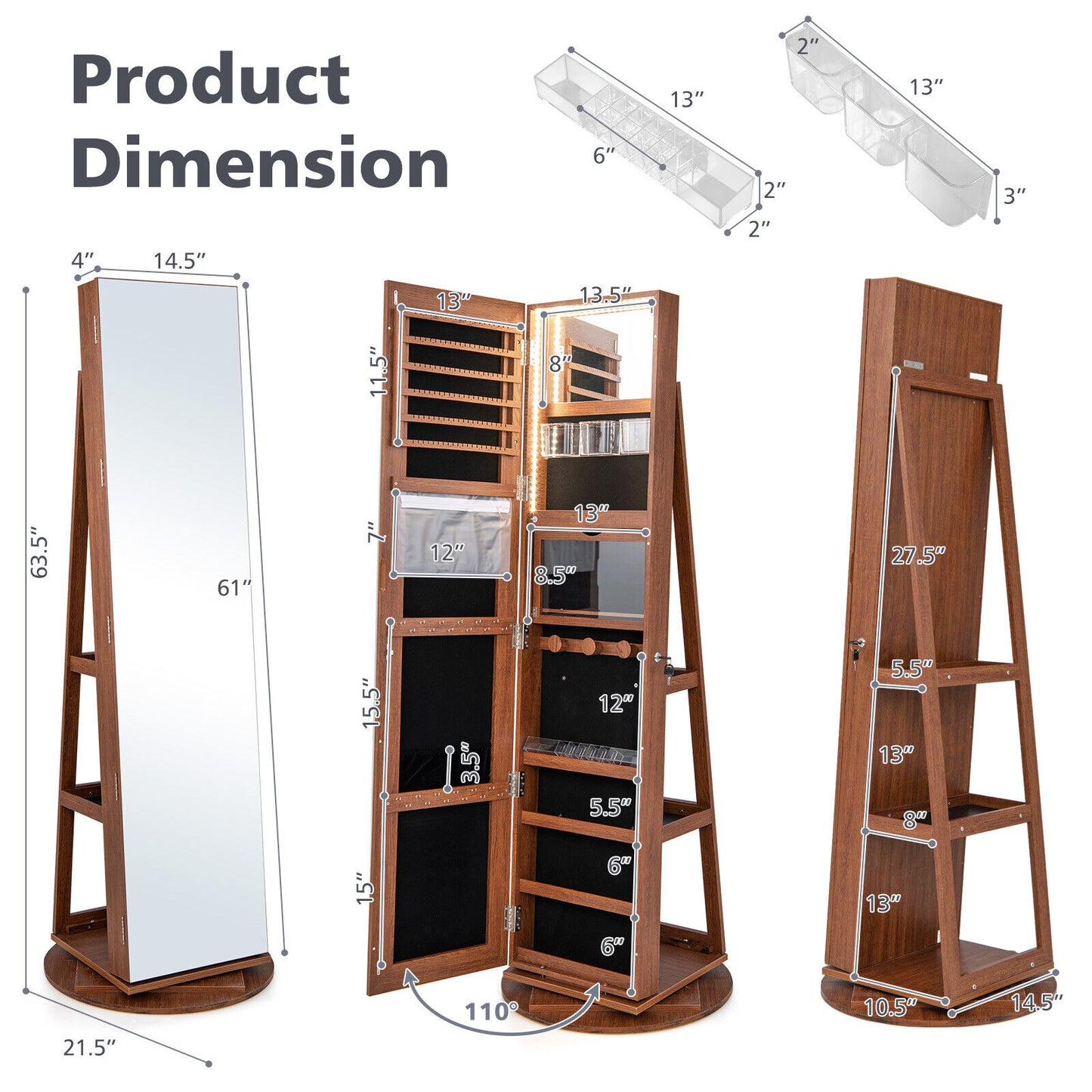360° Rotating Jewelry Armoire with LED Mirror and Lockable Storage – Dark Brown