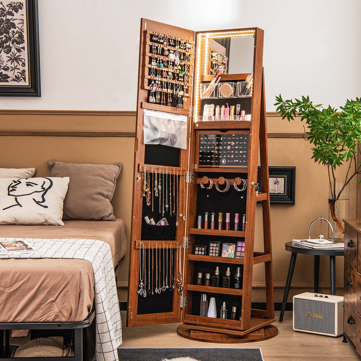 360° Rotating Jewelry Armoire with LED Mirror and Lockable Storage – Dark Brown