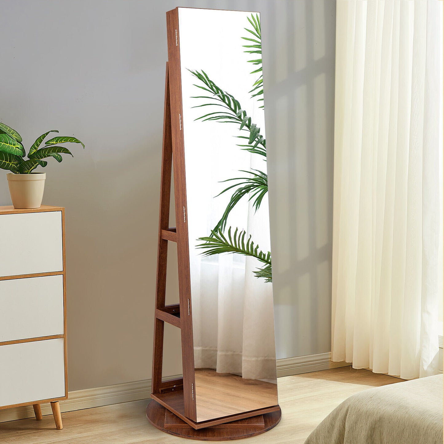 360° Rotating Jewelry Armoire with LED Mirror and Lockable Storage – Dark Brown
