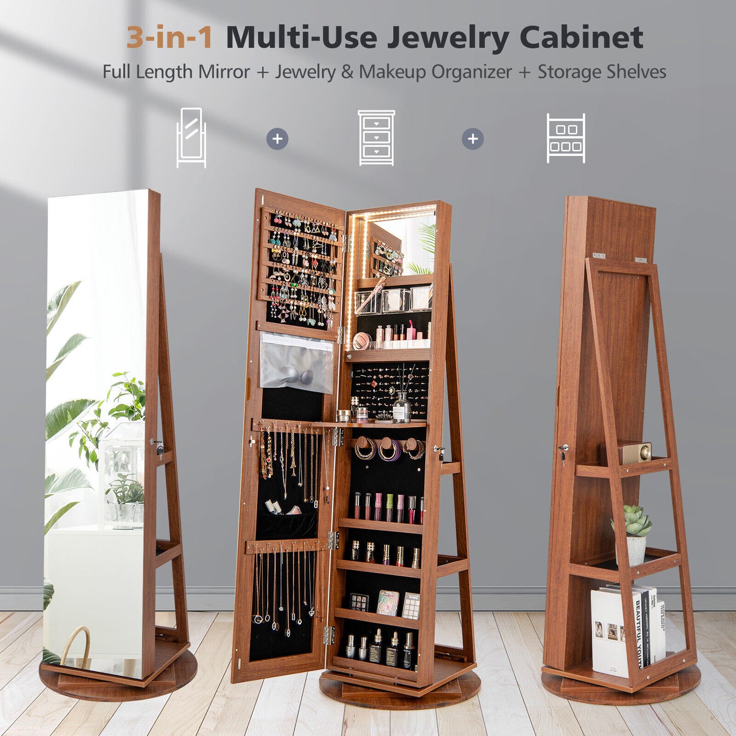 360° Rotating Jewelry Armoire with LED Mirror and Lockable Storage – Dark Brown