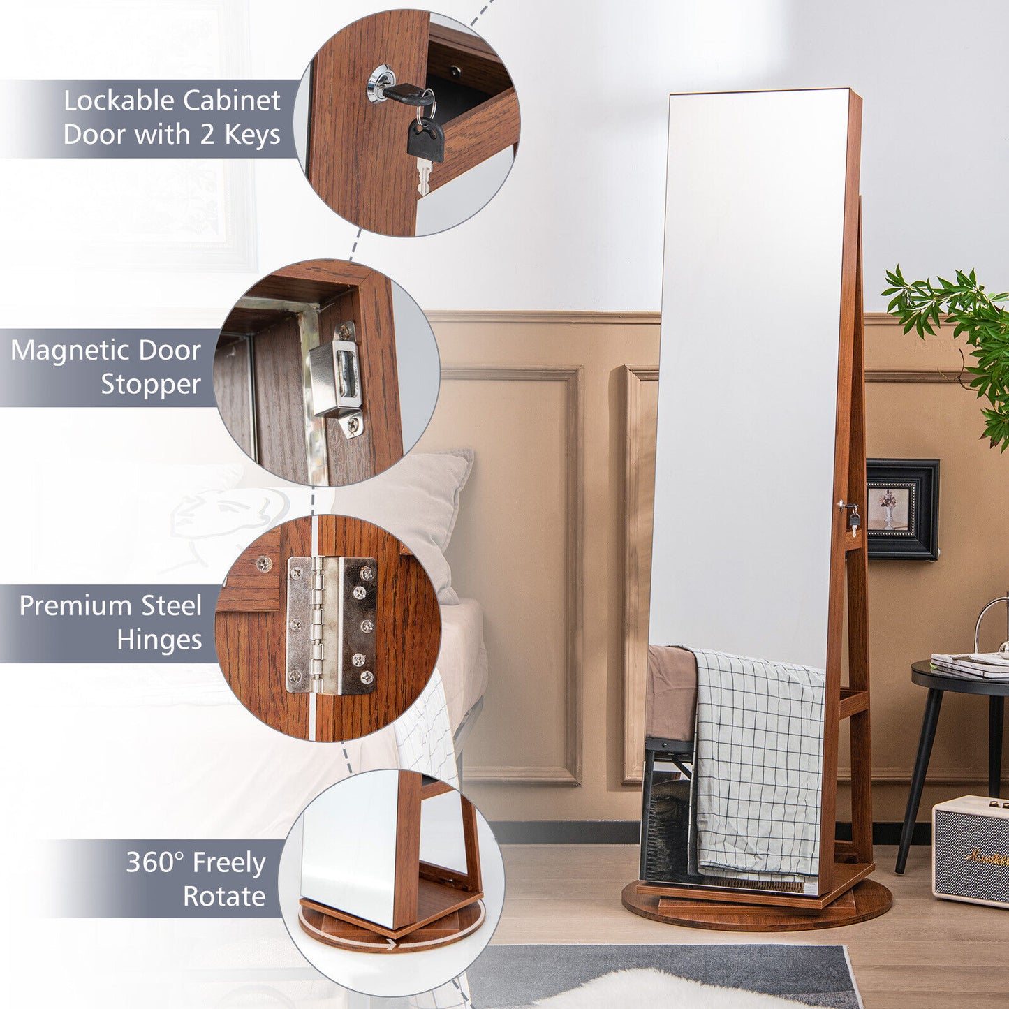 360° Rotating Jewelry Armoire with LED Mirror and Lockable Storage – Dark Brown