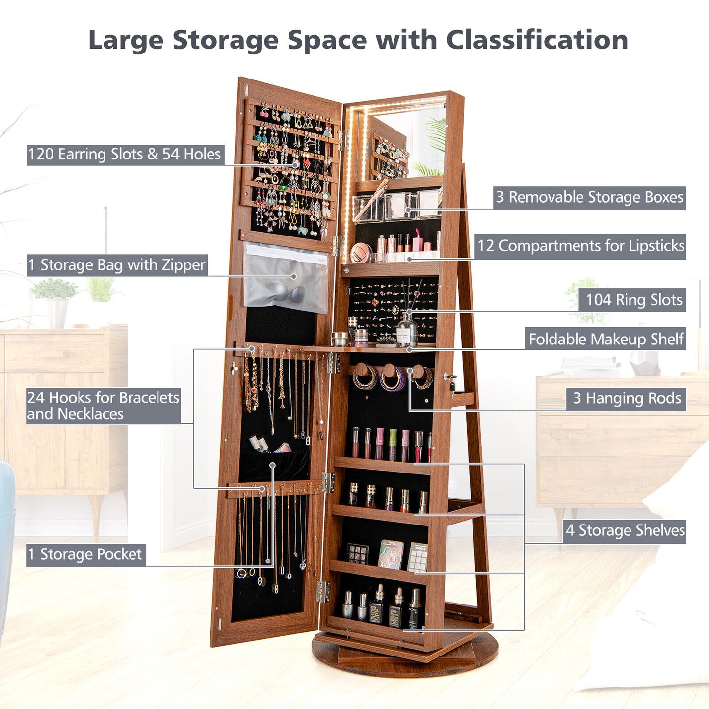 360° Rotating Jewelry Armoire with LED Mirror and Lockable Storage – Dark Brown