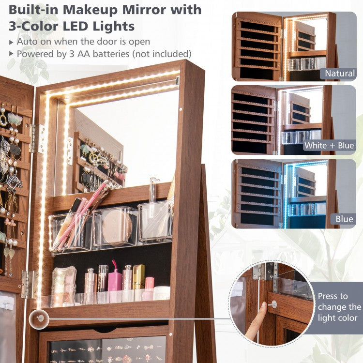 360° Rotating Jewelry Armoire with LED Mirror and Lockable Storage – Dark Brown