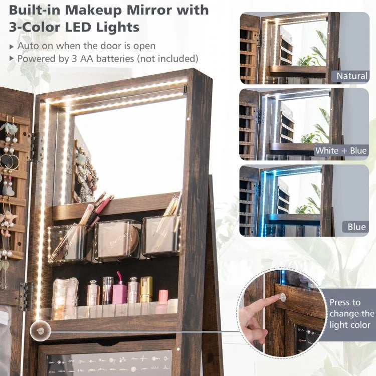 360° Rotating Jewelry Armoire with LED Mirror and Lockable Storage – Brown