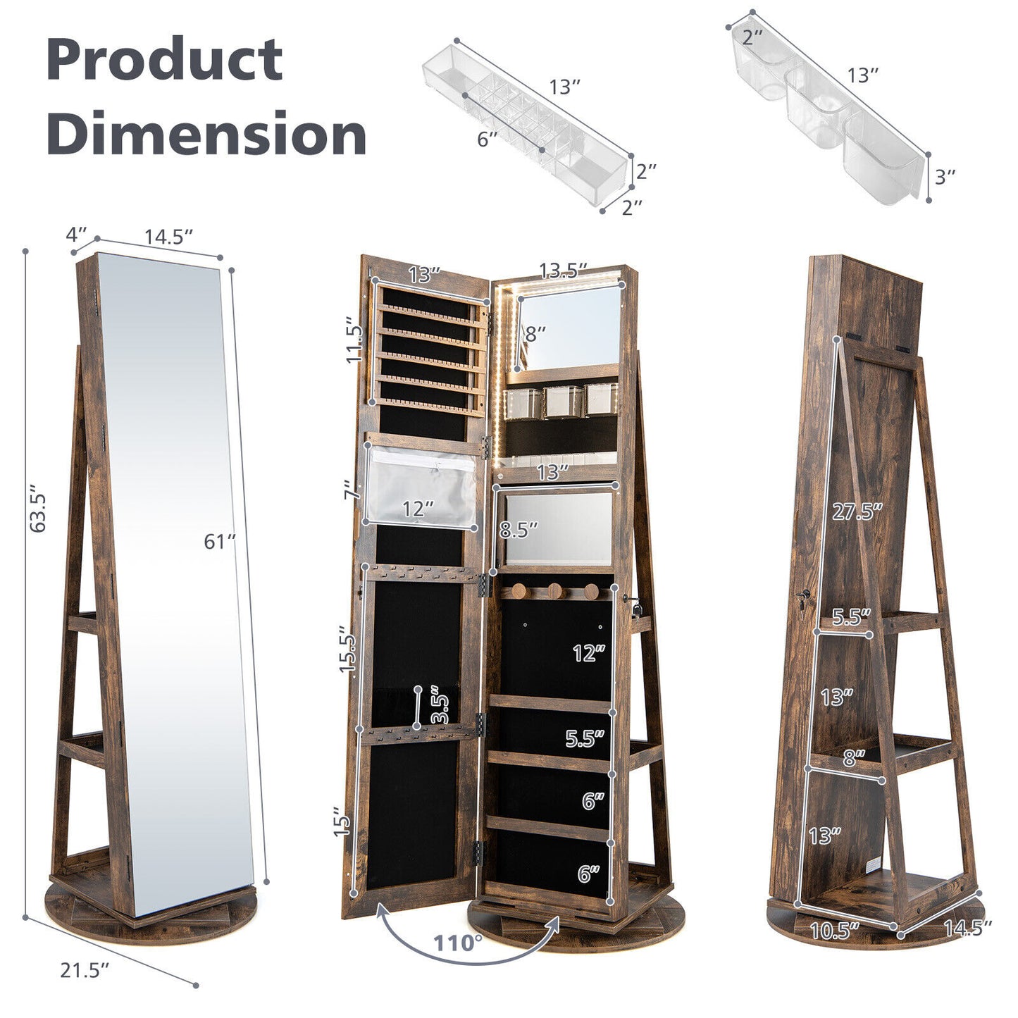360° Rotating Jewelry Armoire with LED Mirror and Lockable Storage – Brown