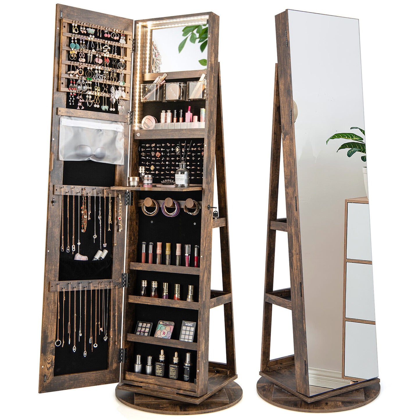 360° Rotating Jewelry Armoire with LED Mirror and Lockable Storage – Brown