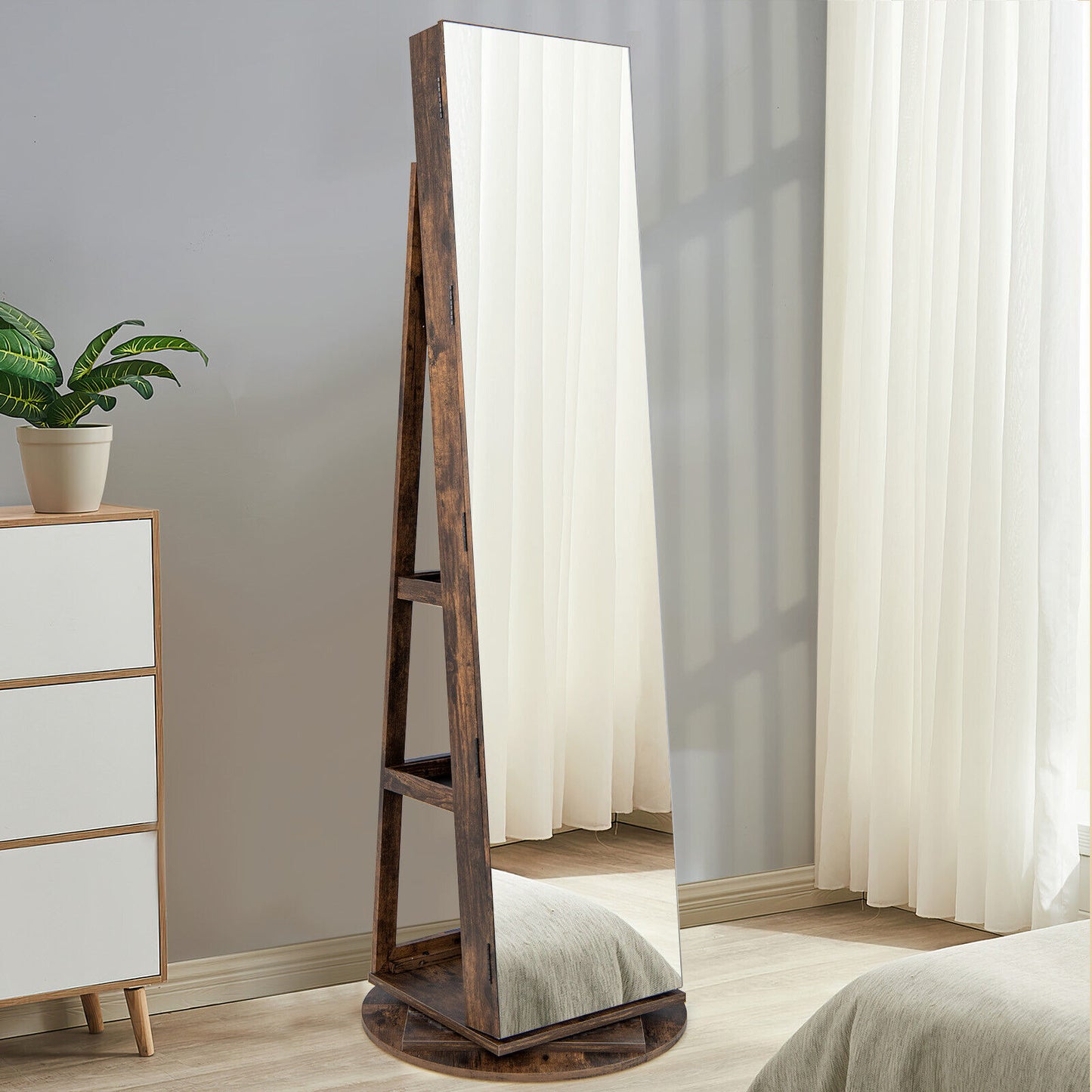 360° Rotating Jewelry Armoire with LED Mirror and Lockable Storage – Brown