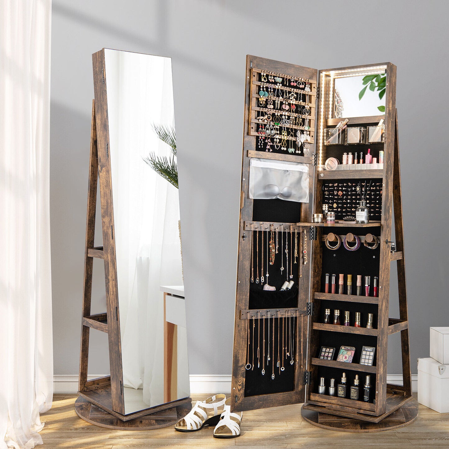 360° Rotating Jewelry Armoire with LED Mirror and Lockable Storage – Brown