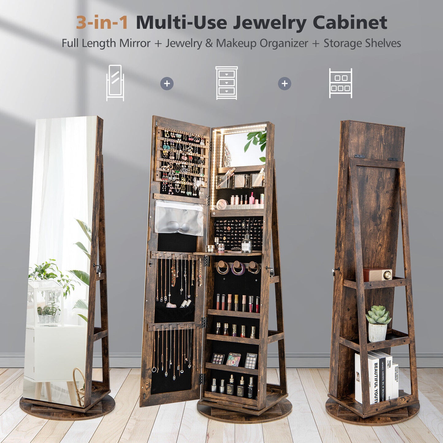 360° Rotating Jewelry Armoire with LED Mirror and Lockable Storage – Brown
