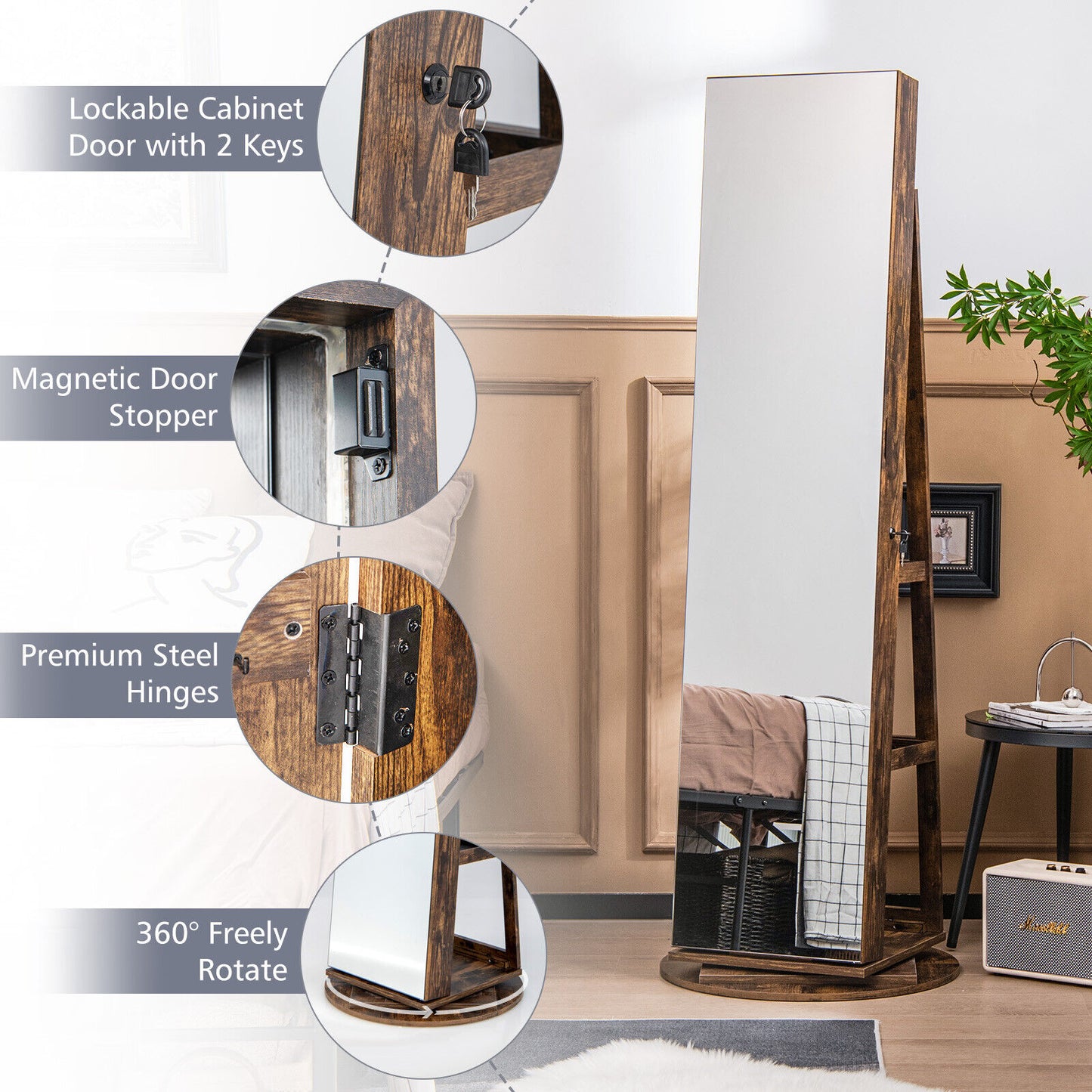 360° Rotating Jewelry Armoire with LED Mirror and Lockable Storage – Brown