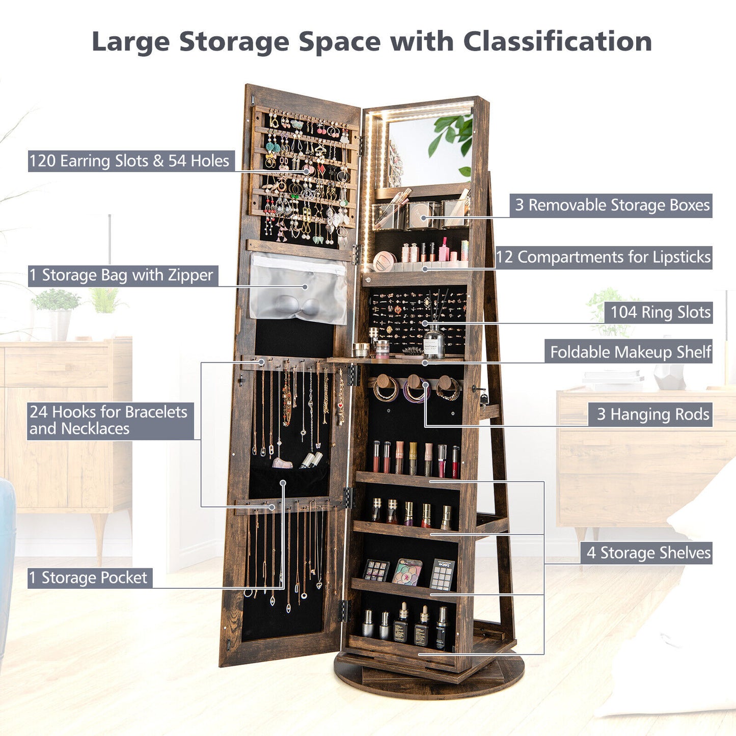 360° Rotating Jewelry Armoire with LED Mirror and Lockable Storage – Brown