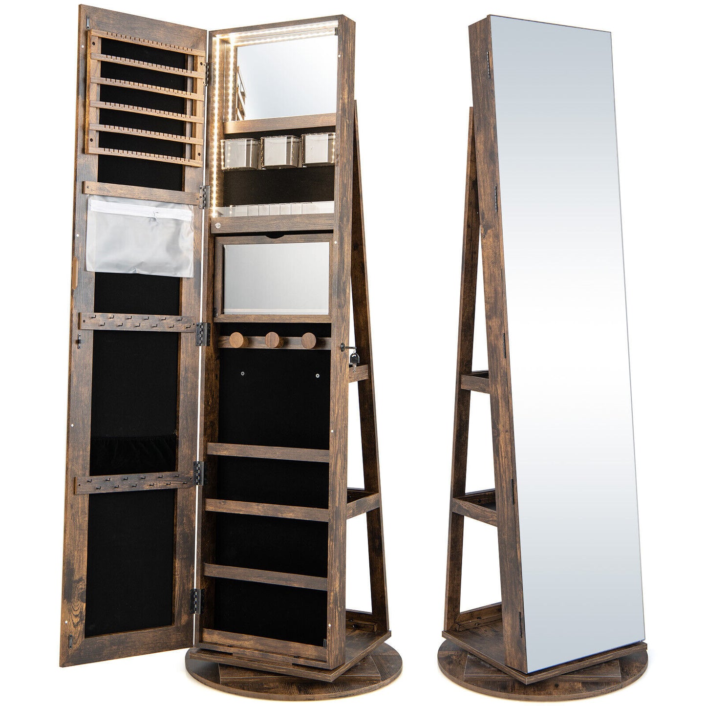 360° Rotating Jewelry Armoire with LED Mirror and Lockable Storage – Brown