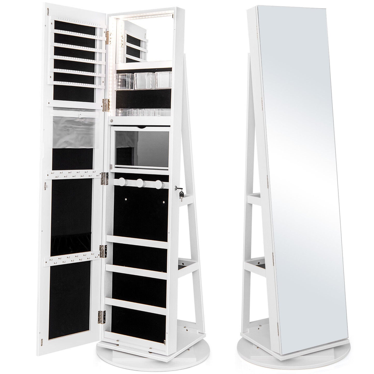 360° Rotating Jewelry Armoire with LED Mirror and Lockable Storage – White