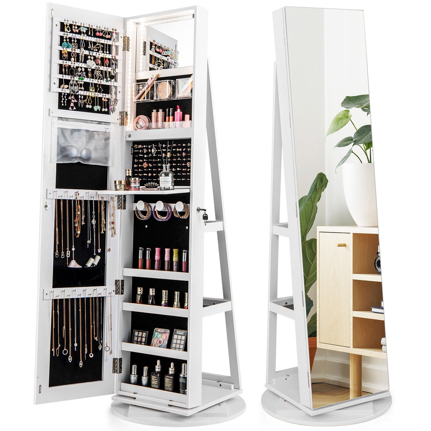 360° Rotating Jewelry Armoire with LED Mirror and Lockable Storage – White