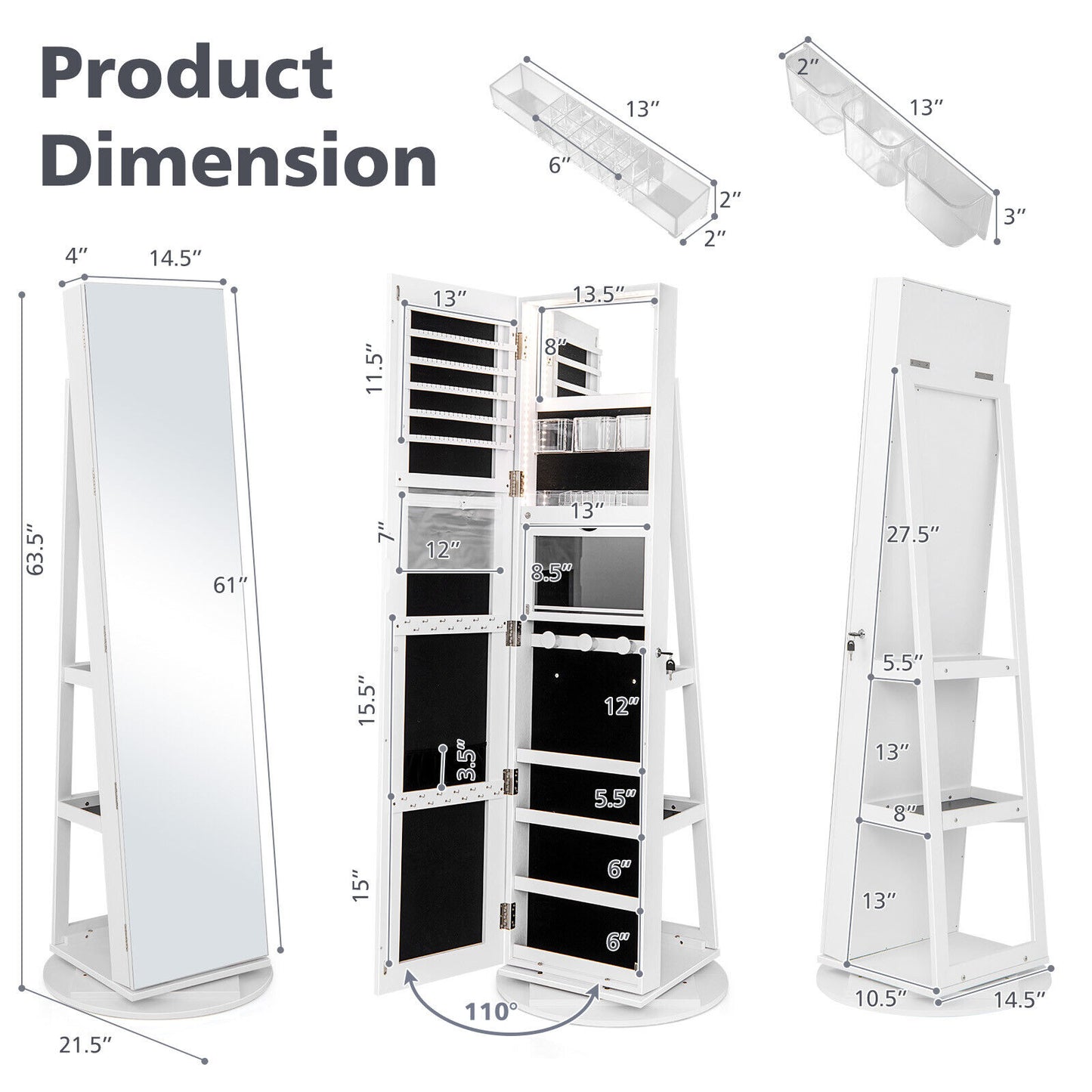 360° Rotating Jewelry Armoire with LED Mirror and Lockable Storage – White