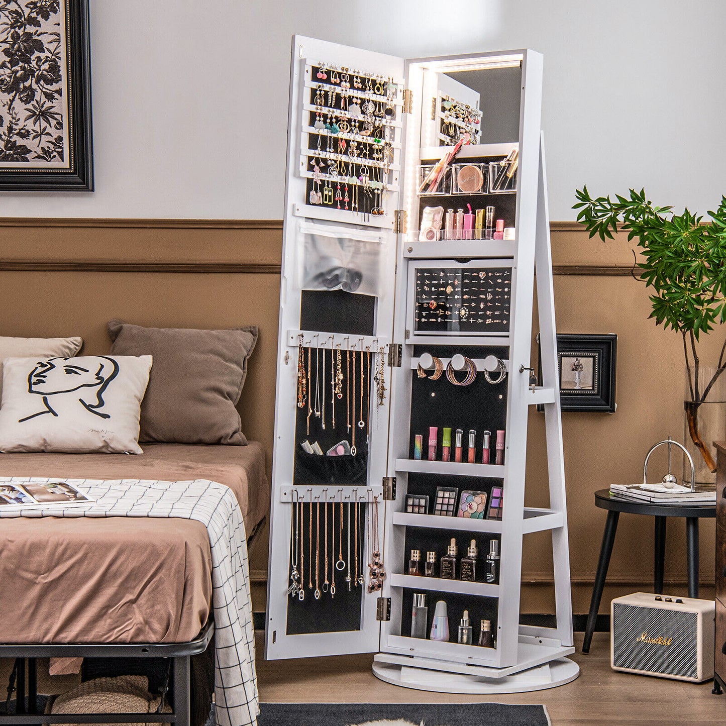 360° Rotating Jewelry Armoire with LED Mirror and Lockable Storage – White