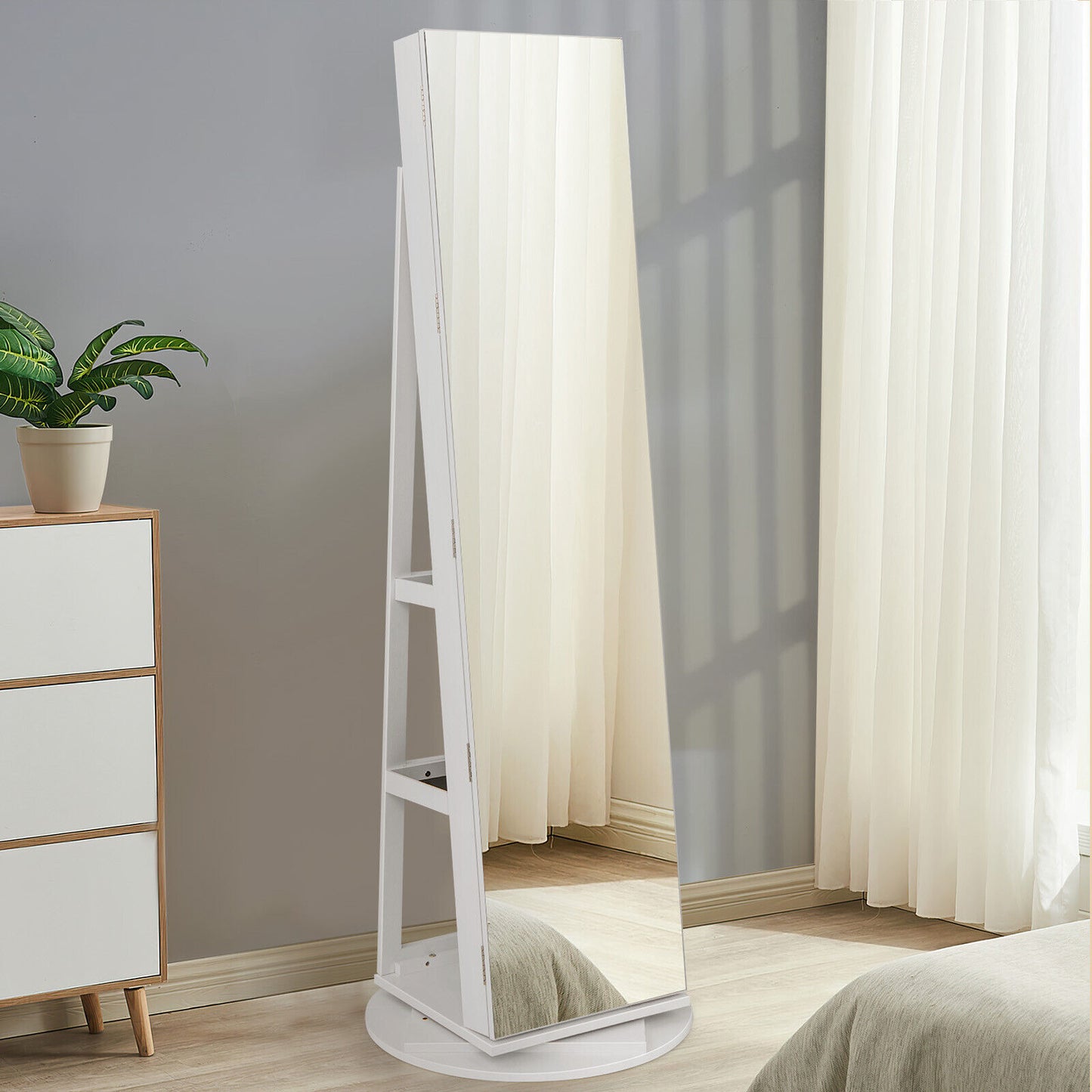 360° Rotating Jewelry Armoire with LED Mirror and Lockable Storage – White
