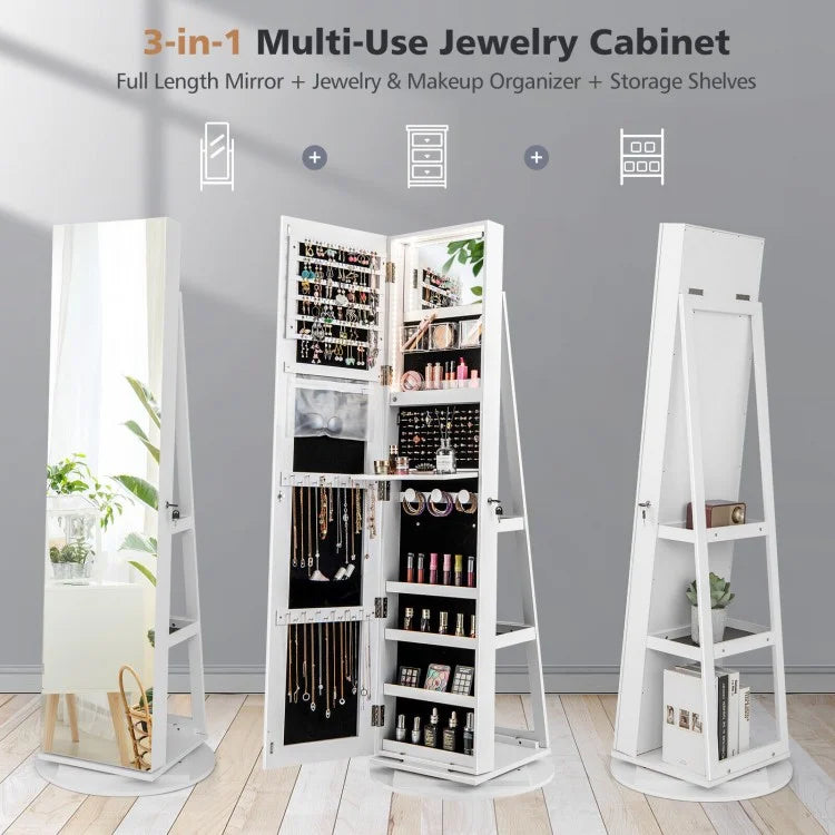360° Rotating Jewelry Armoire with LED Mirror and Lockable Storage – White