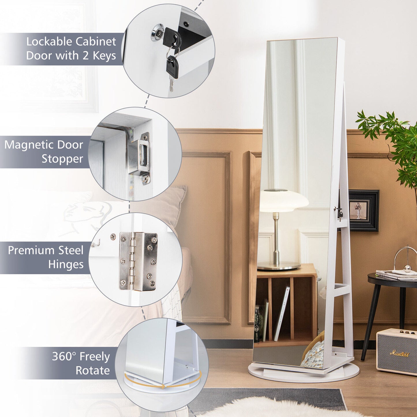 360° Rotating Jewelry Armoire with LED Mirror and Lockable Storage – White