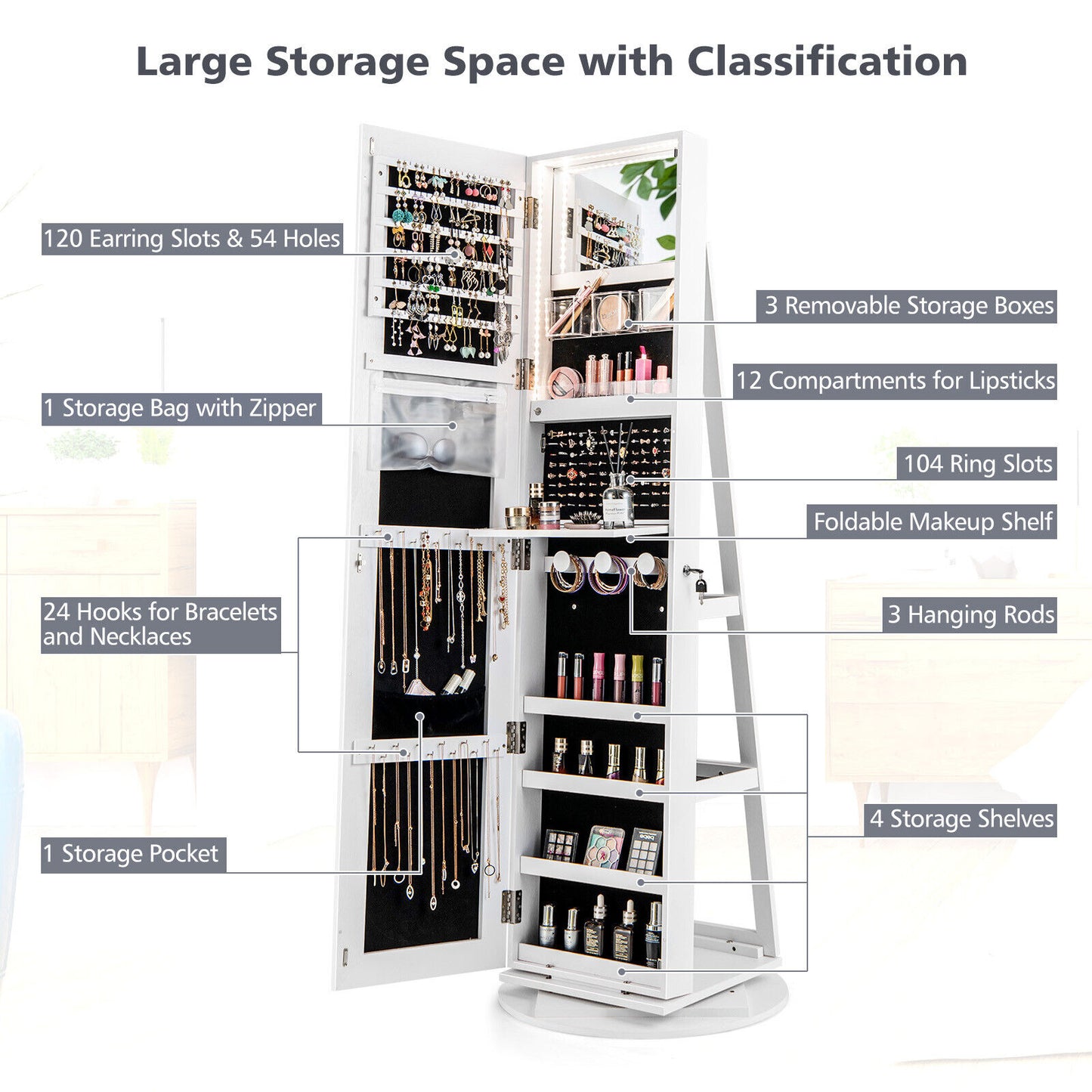 360° Rotating Jewelry Armoire with LED Mirror and Lockable Storage – White