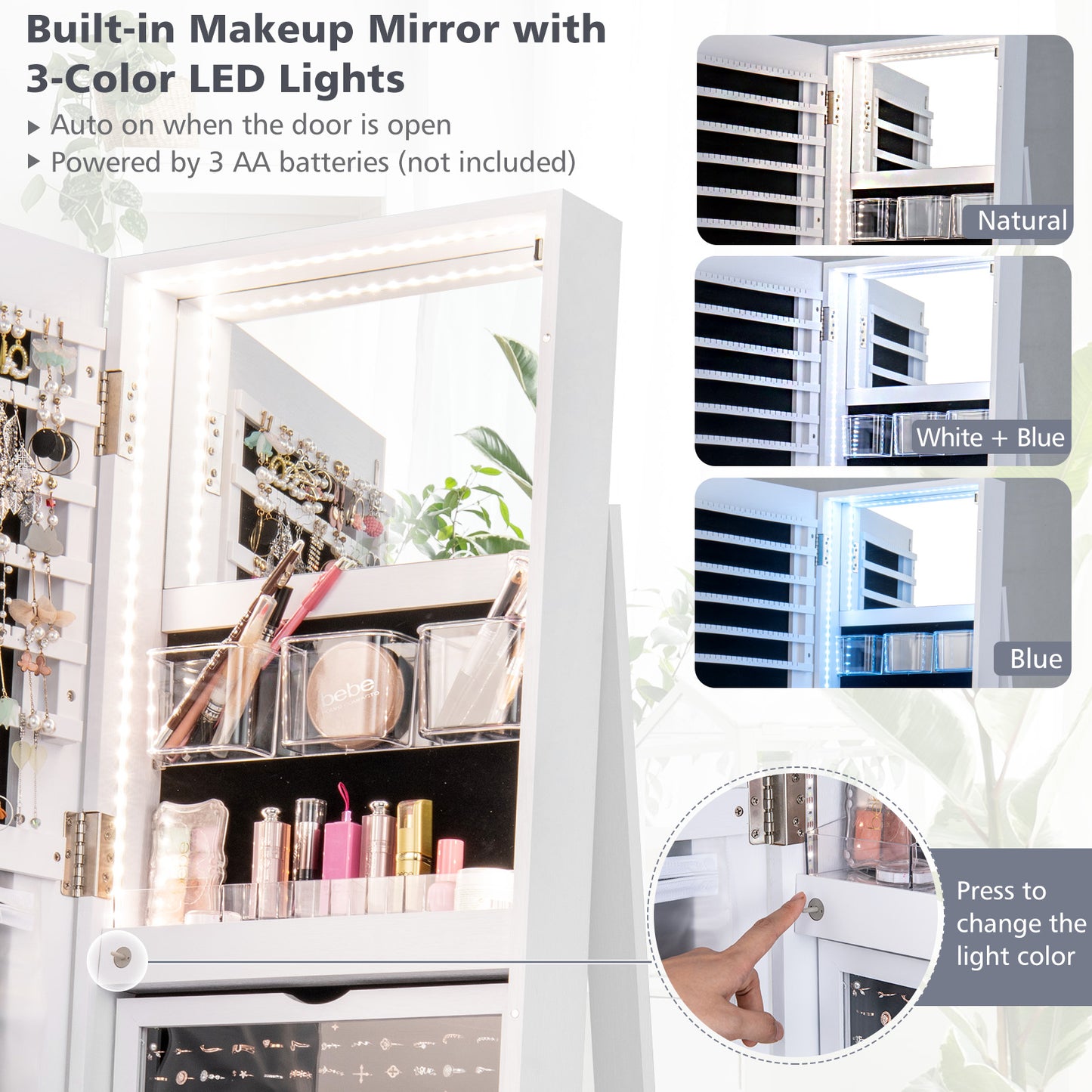 360° Rotating Jewelry Armoire with LED Mirror and Lockable Storage – White