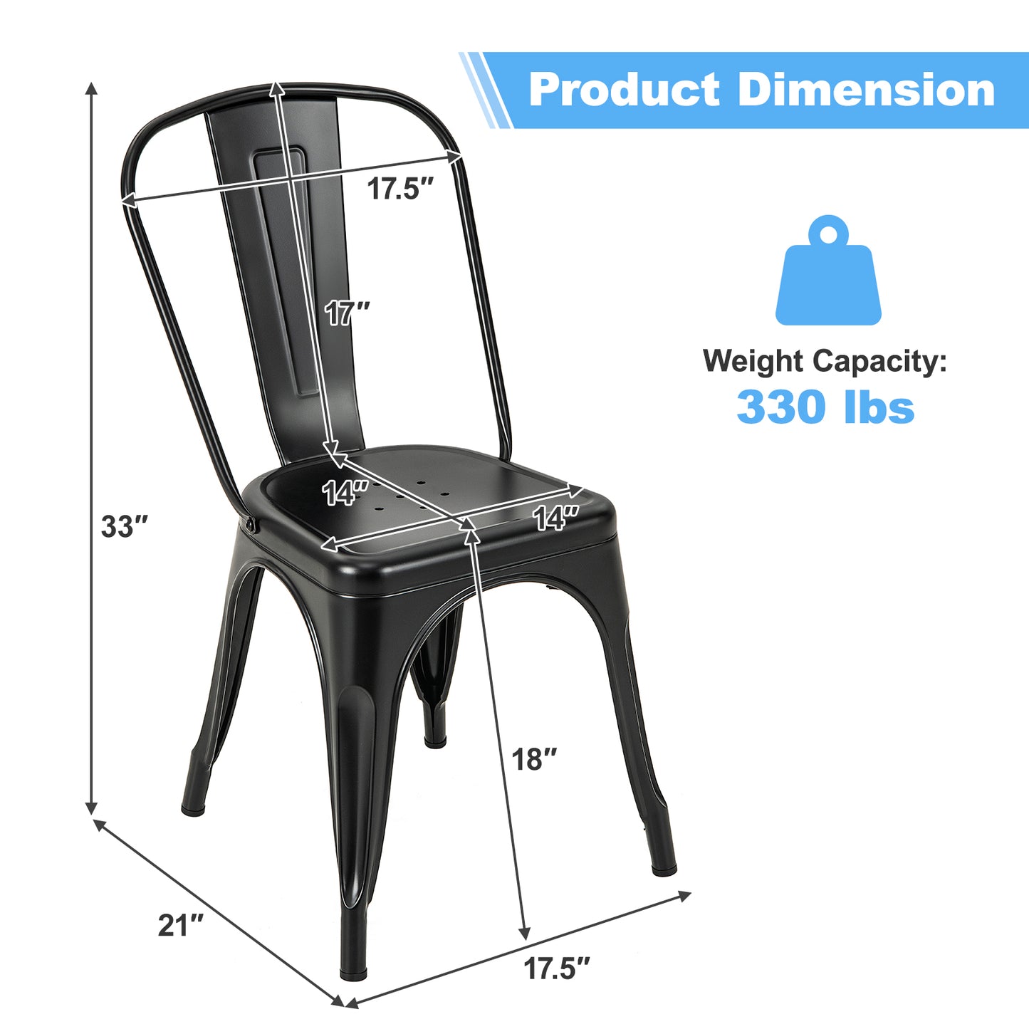 Set of 4 Stackable Metal Dining Chairs with Ergonomic Backrest - Black