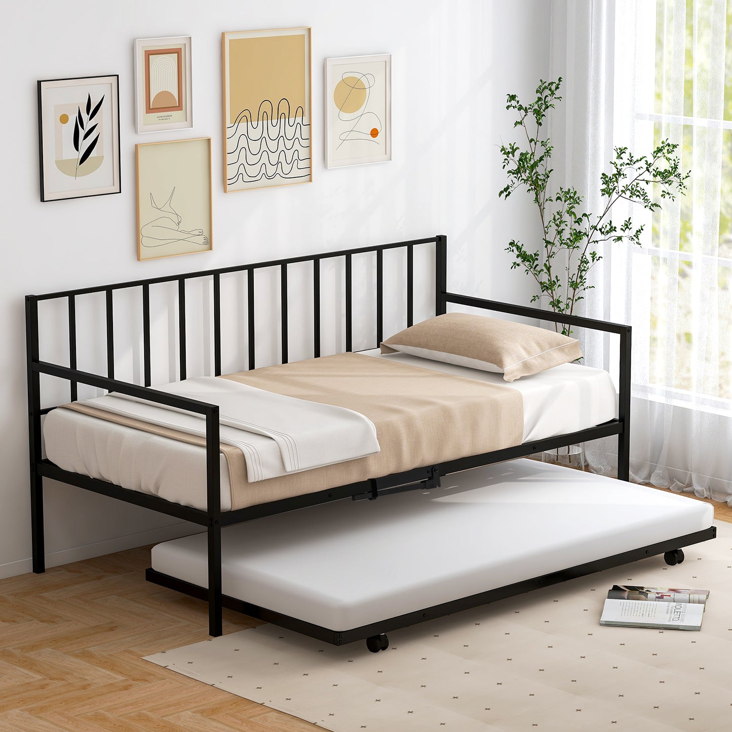 Metal Twin Daybed with Pull Out Trundle Frame Set for Guest Room or Small Spaces Black