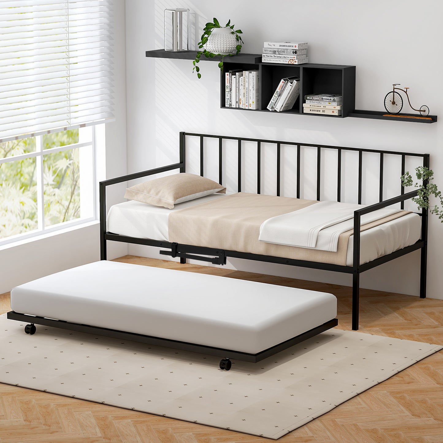 Metal Twin Daybed with Pull Out Trundle Frame Set for Guest Room or Small Spaces Black