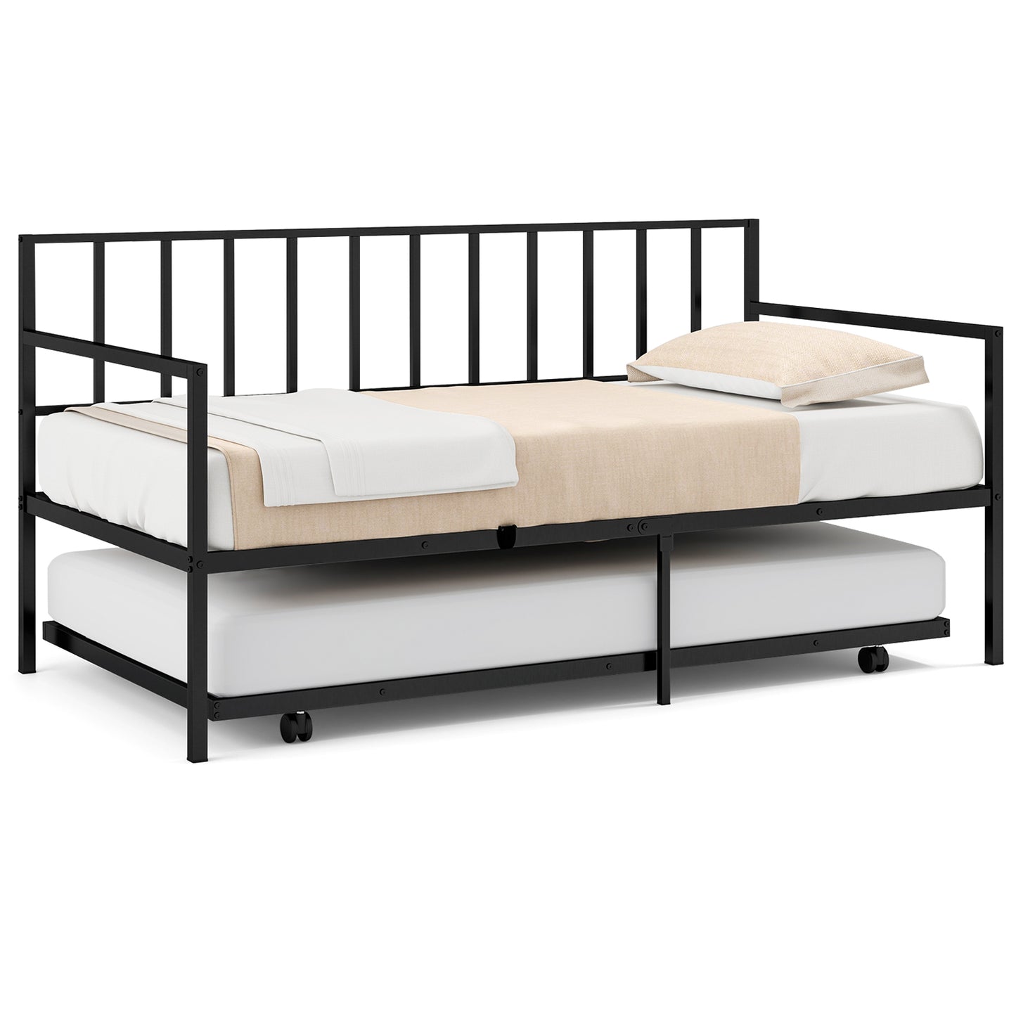Metal Twin Daybed with Pull Out Trundle Frame Set for Guest Room or Small Spaces Black