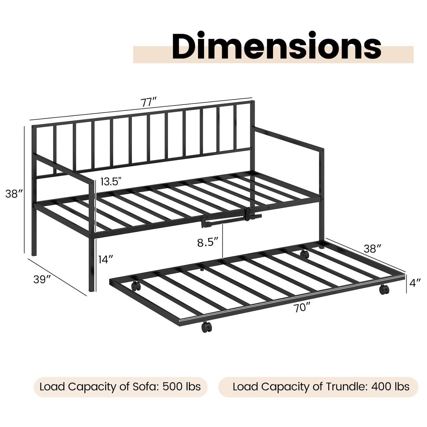 Metal Twin Daybed with Pull Out Trundle Frame Set for Guest Room or Small Spaces Black