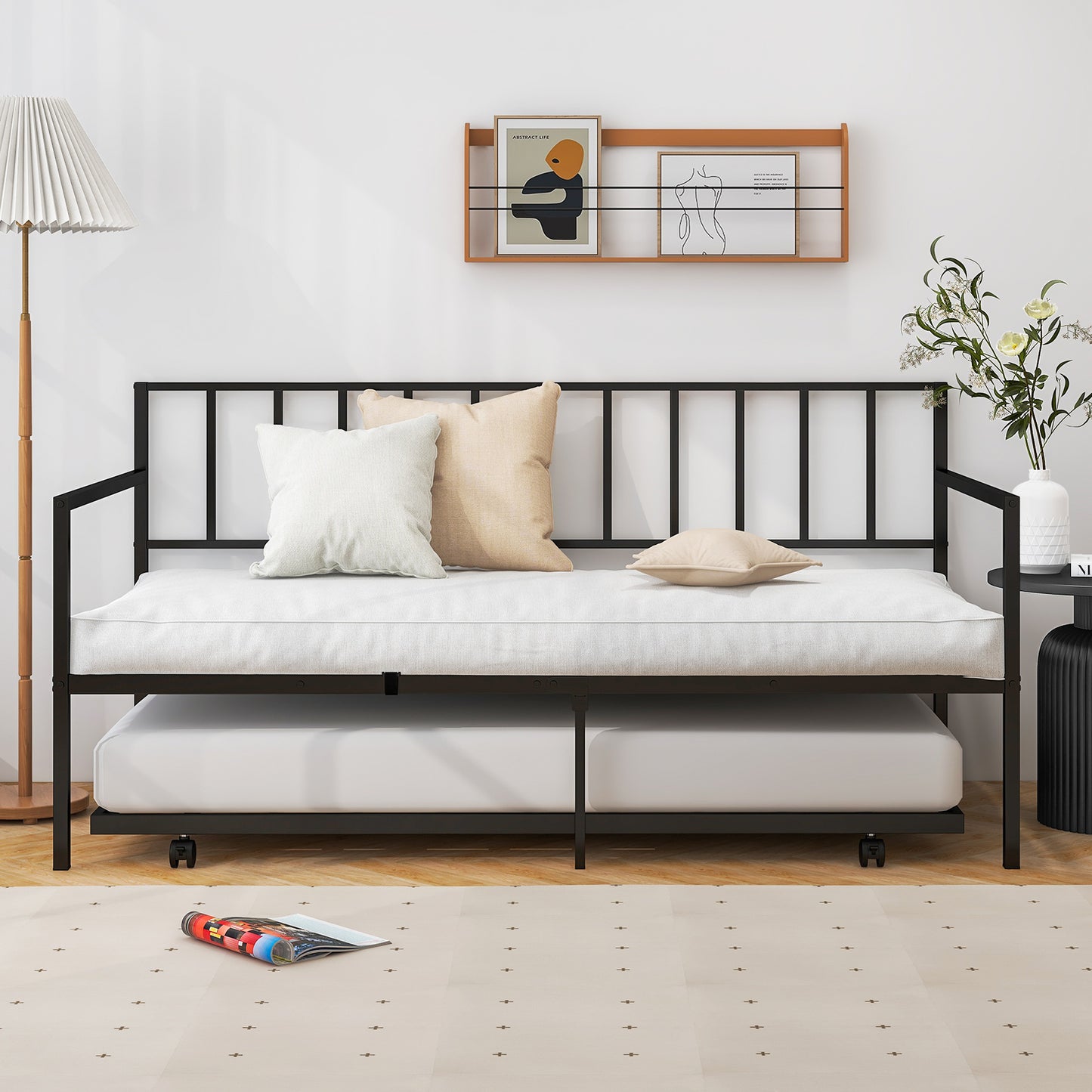 Metal Twin Daybed with Pull Out Trundle Frame Set for Guest Room or Small Spaces Black