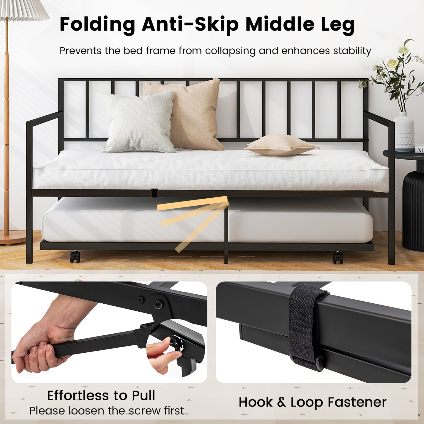 Metal Twin Daybed with Pull Out Trundle Frame Set for Guest Room or Small Spaces Black