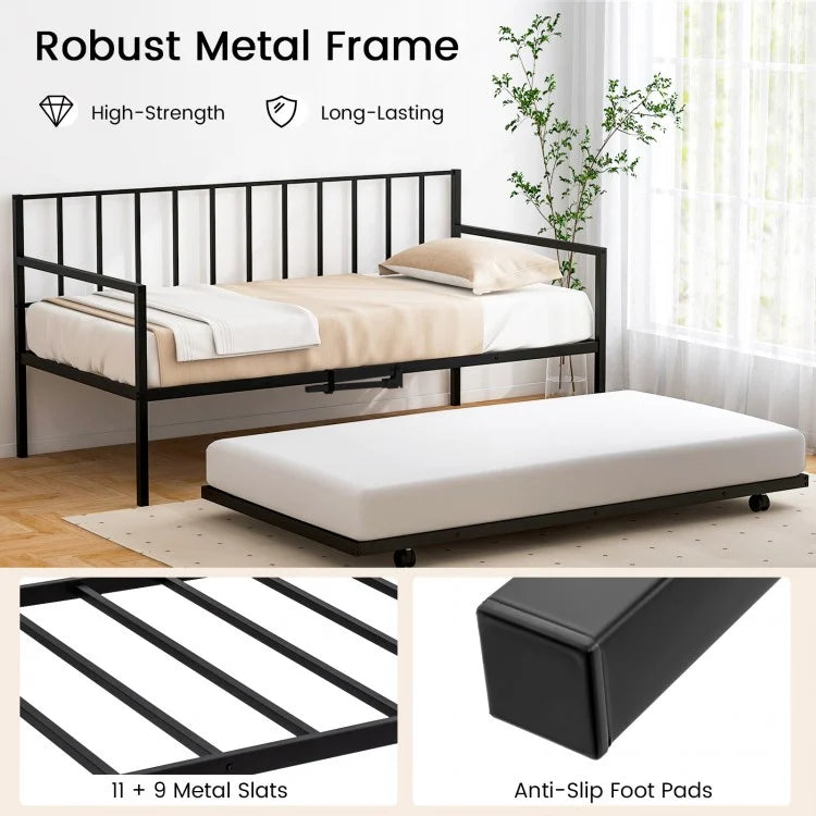 Metal Twin Daybed with Pull Out Trundle Frame Set for Guest Room or Small Spaces Black