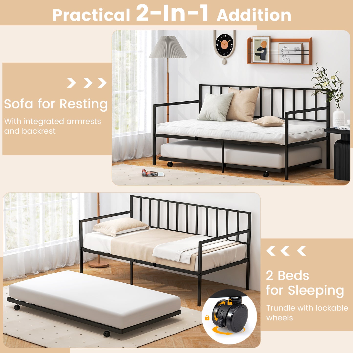 Metal Twin Daybed with Pull Out Trundle Frame Set for Guest Room or Small Spaces Black