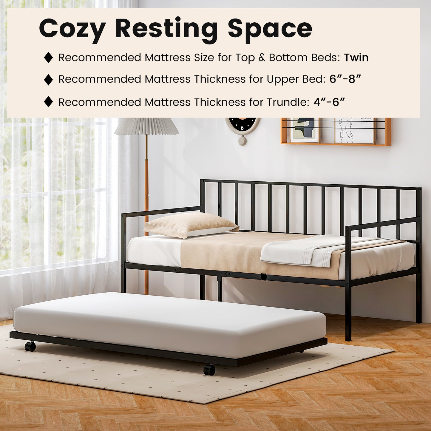 Metal Twin Daybed with Pull Out Trundle Frame Set for Guest Room or Small Spaces Black